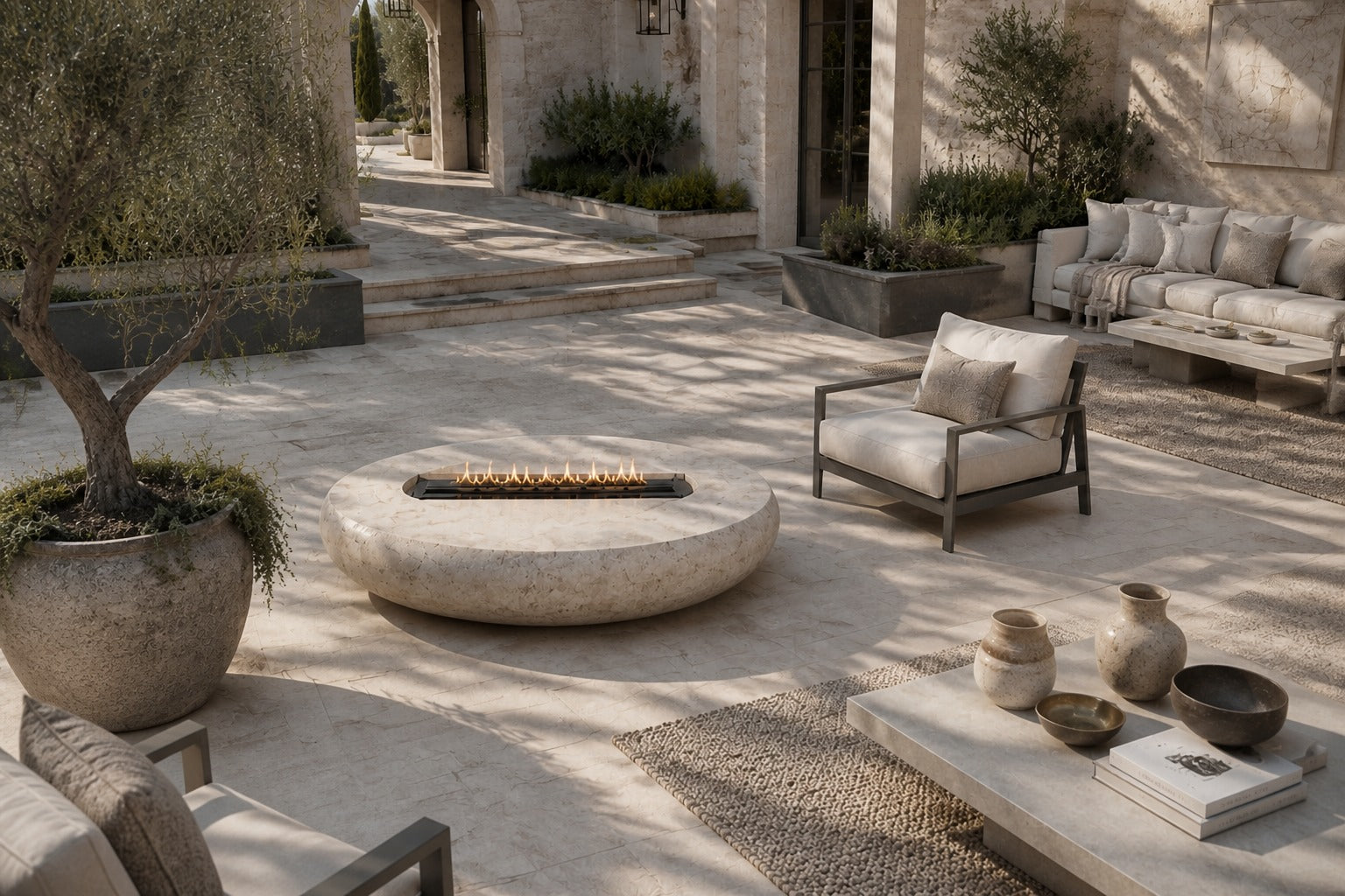Pale fossil travertine fire bowl Bruna Ø180, pale cream with dense fossil shell, on a pale stone floor.
