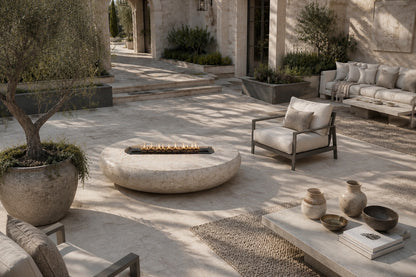Pale fossil travertine fire bowl Bruna Ø180, pale cream with dense fossil shell, on a pale stone floor.
