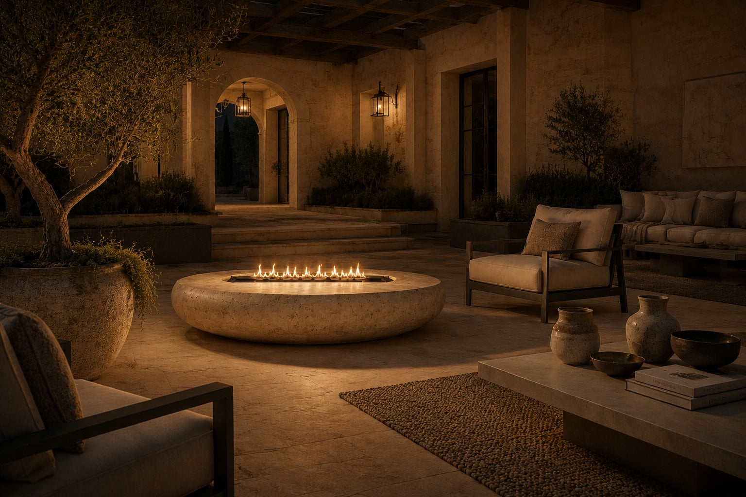 Pale fossil travertine fire bowl Bruna Ø180, pale cream with dense fossil shell, on a pale stone floor.