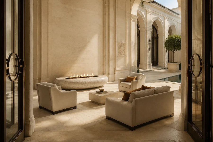 Bruna Ø180 travertine fireplace, shown in a room setting, at full scale