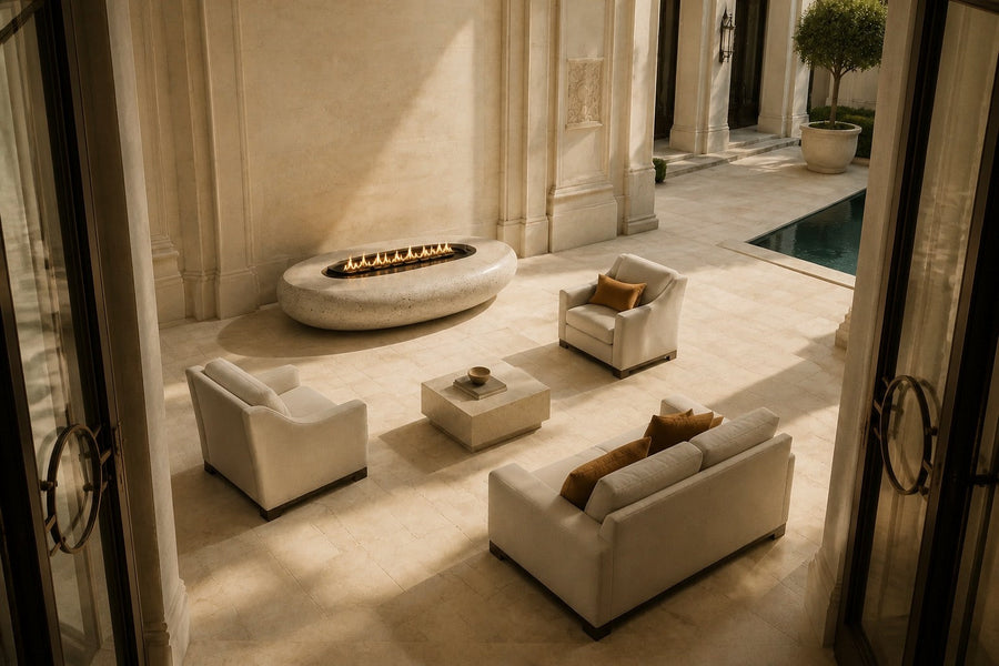 Bruna Ø180 travertine fireplace, overhead view in a room setting