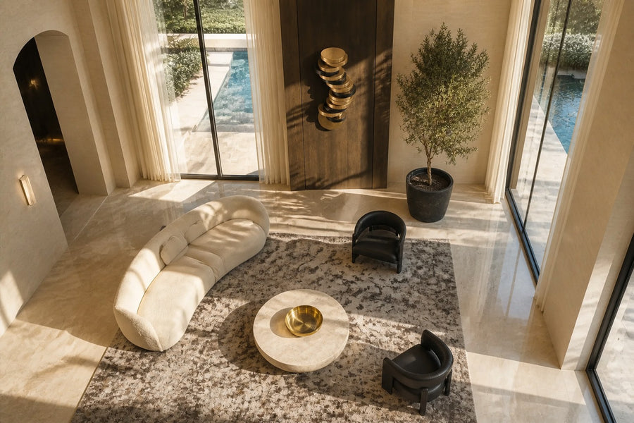 Cairn — 240 cm wall-mounted column of stacked ribbed brass and bronze discs, seen from above in the room