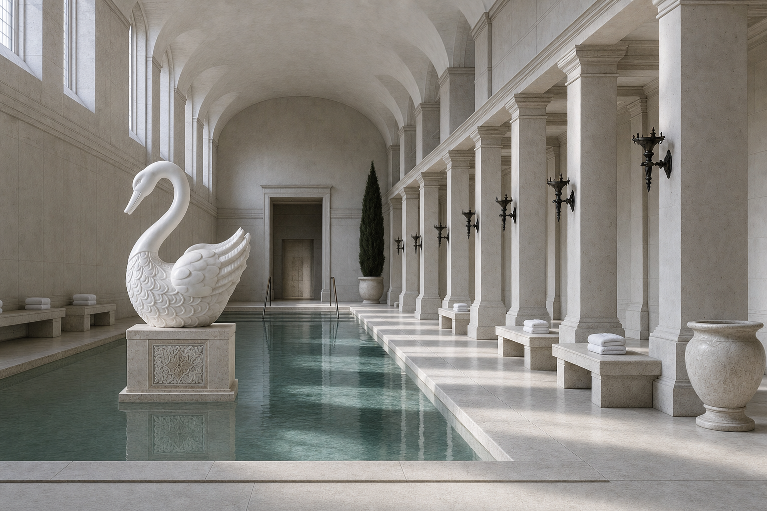Nivara carved white marble swan sculpture by 1-OPH