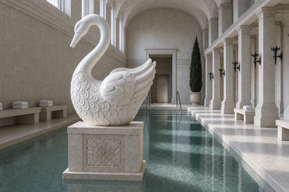 Nivara carved white marble swan sculpture by 1-OPH