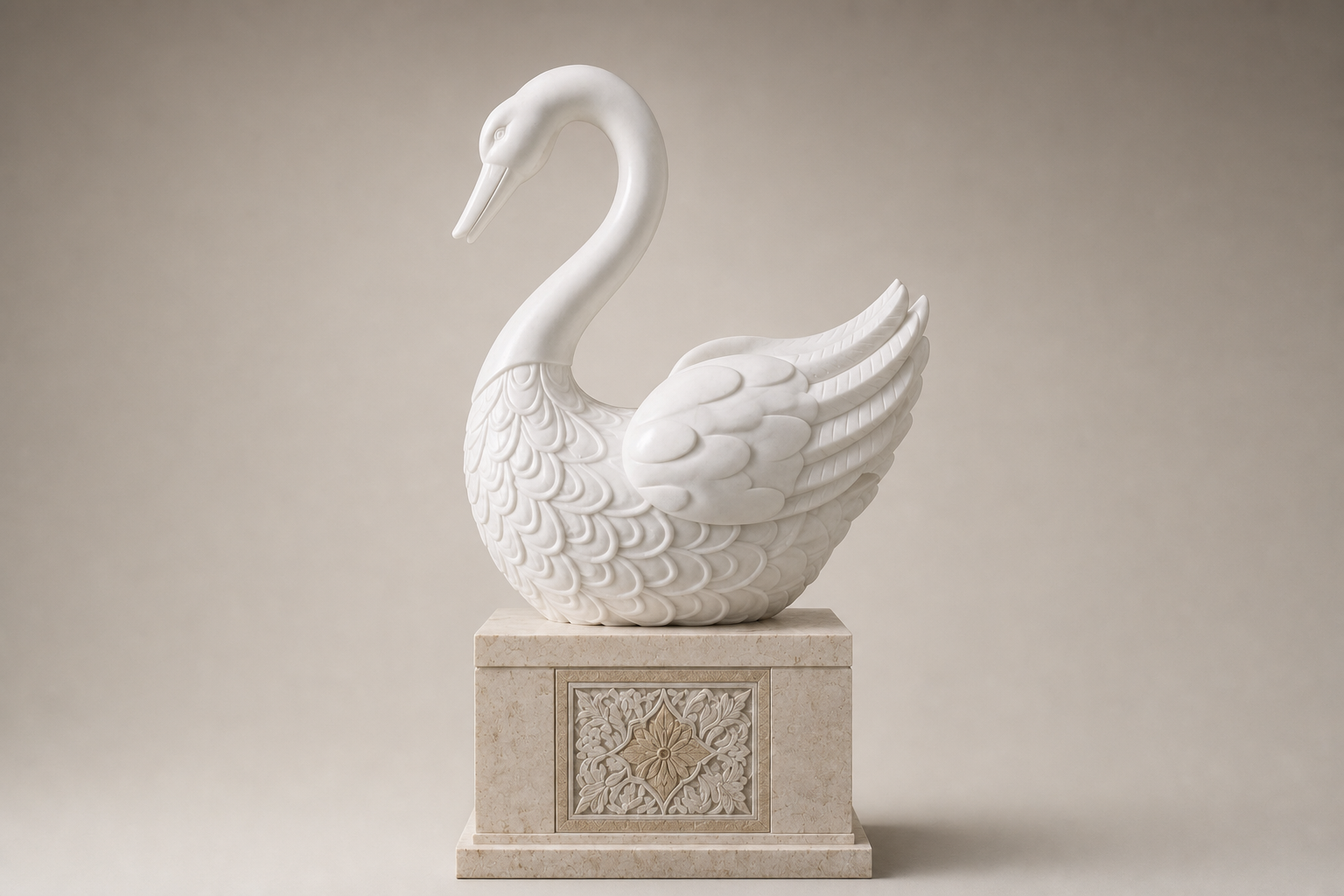 Nivara carved white marble swan sculpture by 1-OPH
