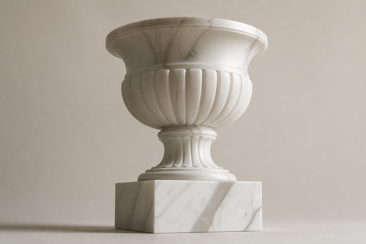 Calacatta Classic Marble Urn Planter sculpture, three-quarter studio view showing its profile