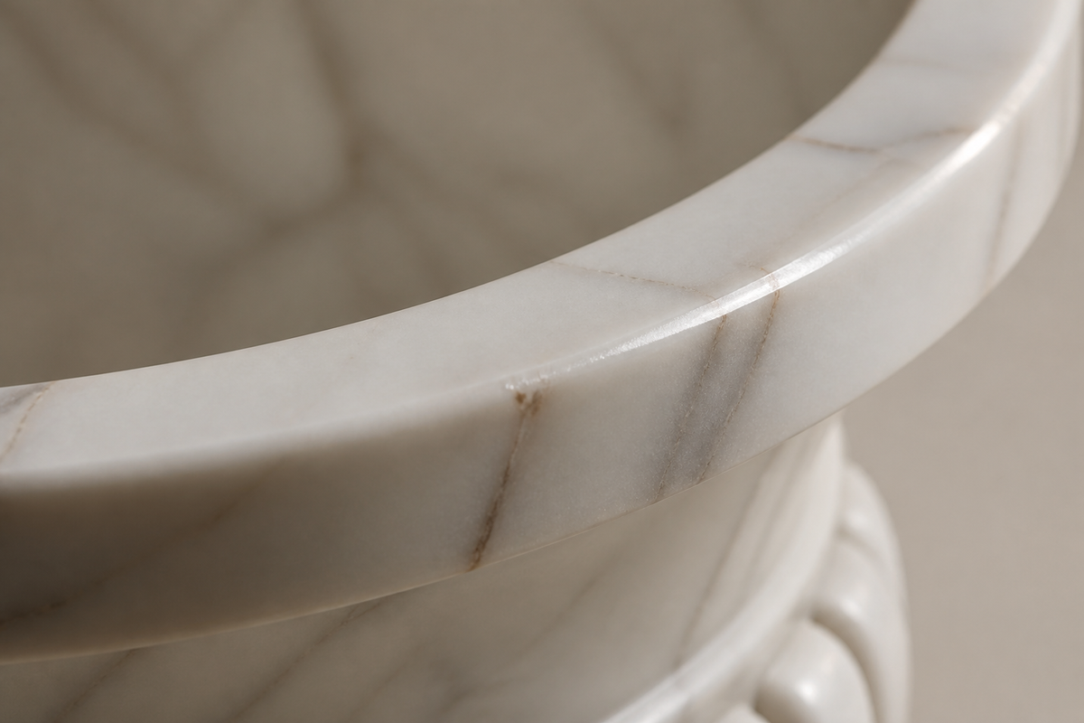 Calacatta Classic Marble Urn Planter sculpture, close studio detail of the surface and material