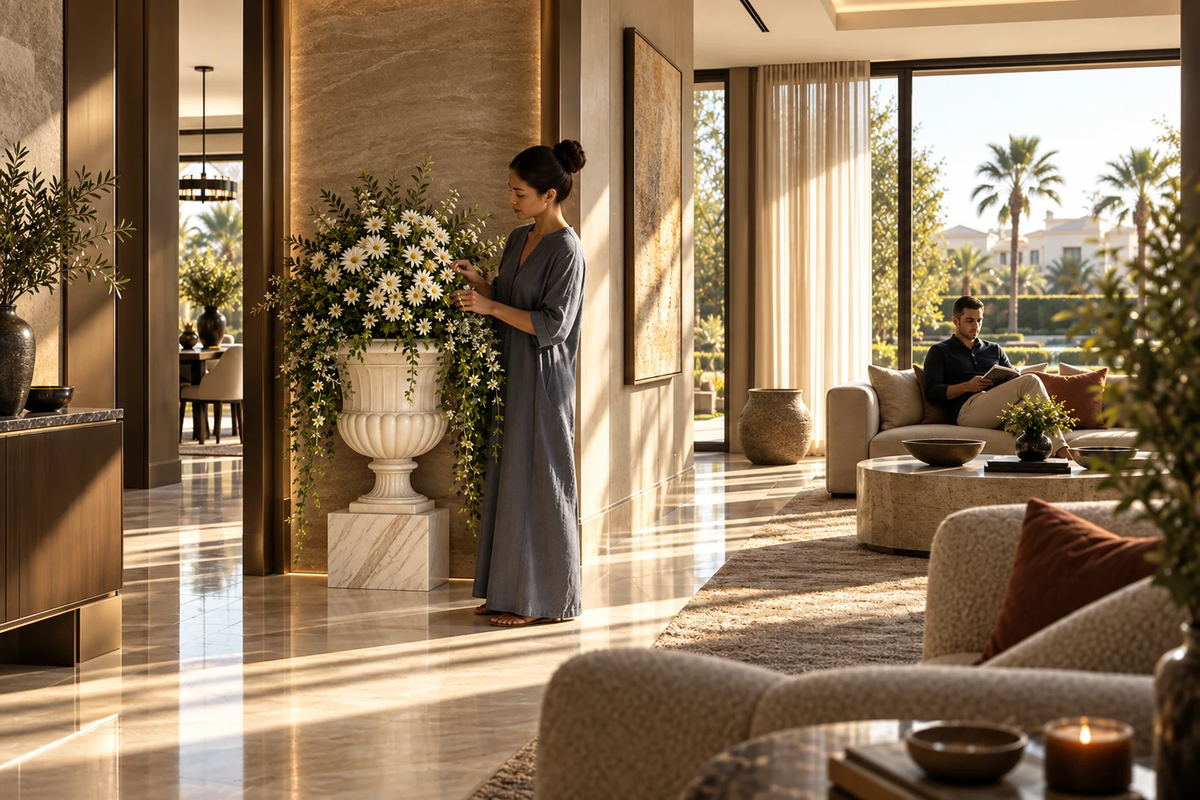 Calacatta Classic Marble Urn Planter sculpture, shown in a room setting, at full scale