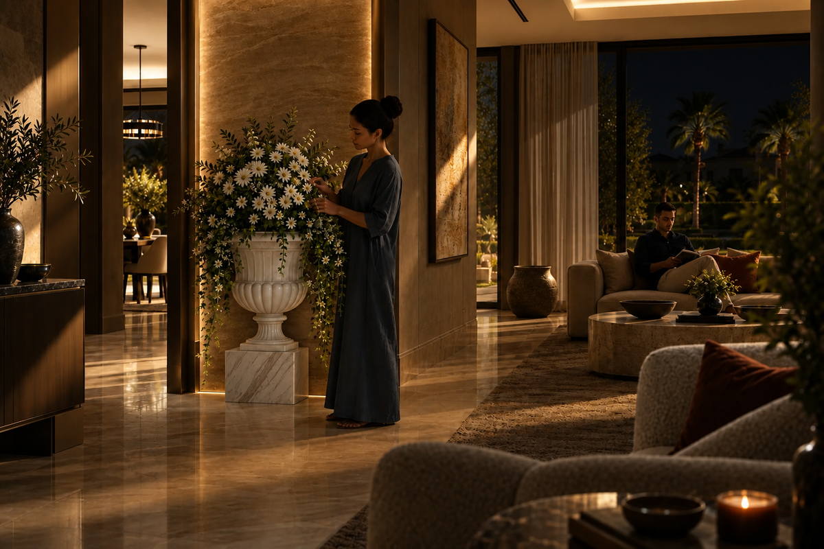 Calacatta Classic Marble Urn Planter sculpture, in a room setting under evening light