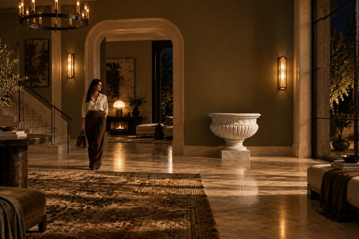 Calacatta Laurel Marble Urn Planter — 80 cm white Calacatta marble urn planter with a laurel-leaf frieze and fluted body, the same room at night, lamps on