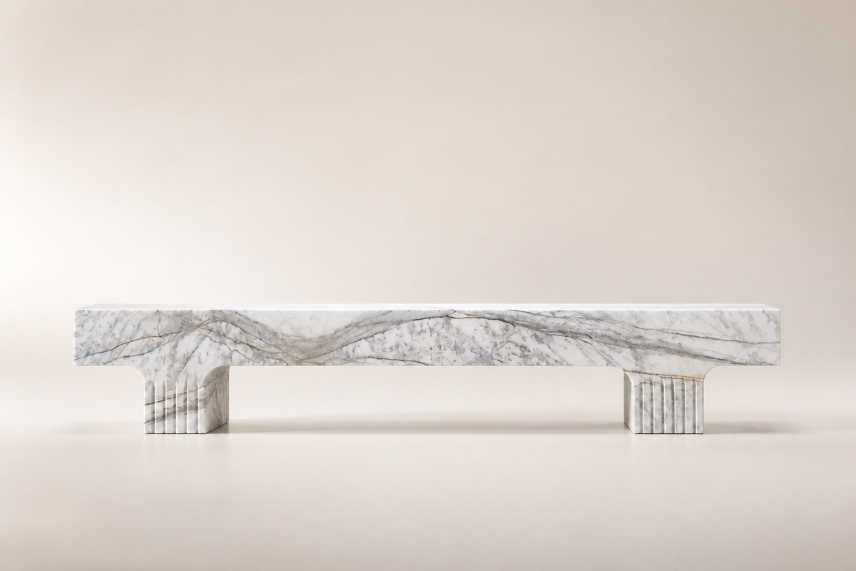 Calacatta Strata Marble Bench, studio view of the whole piece