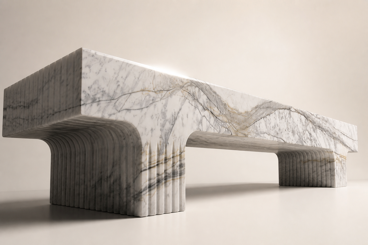 Calacatta Strata Marble Bench, three-quarter studio view showing its profile