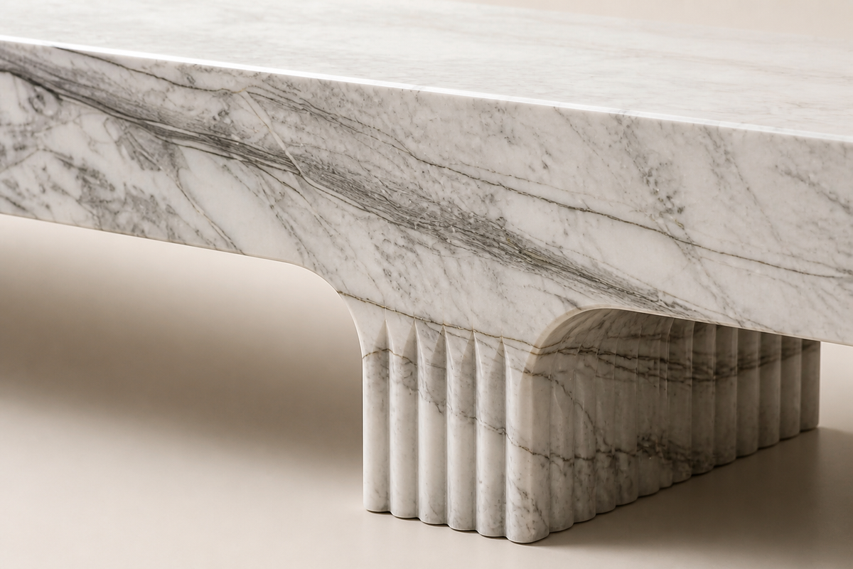 Calacatta Strata Marble Bench, close studio detail of the surface and material