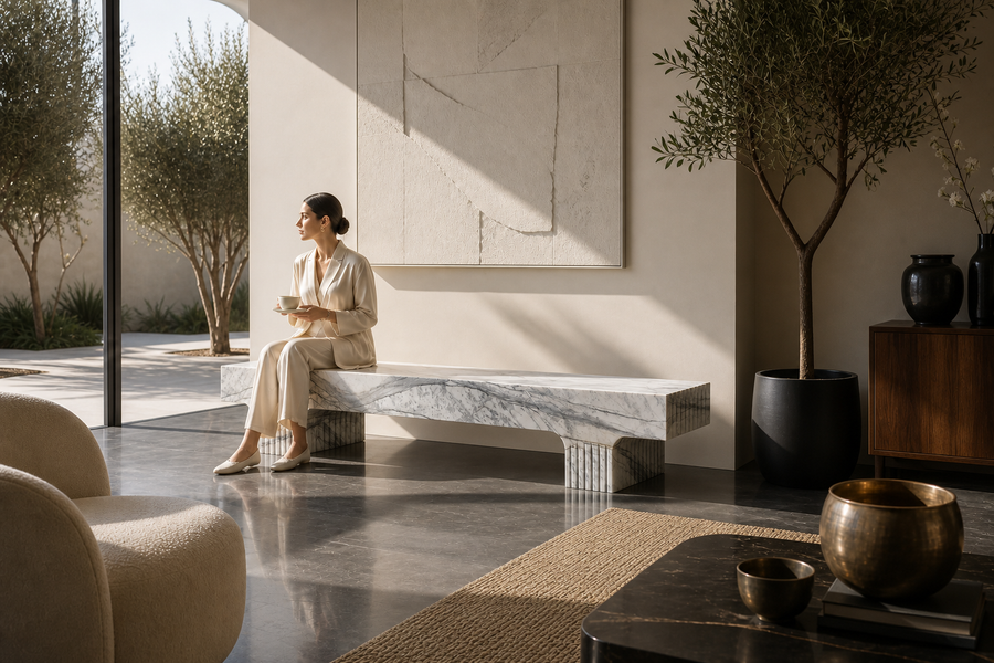 Calacatta Strata Marble Bench, shown in a room setting, at full scale