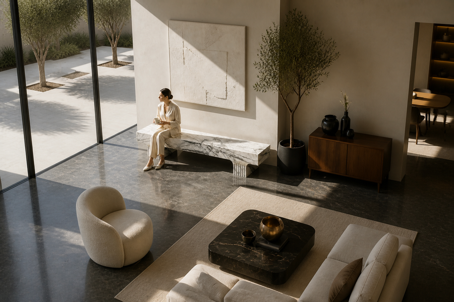 Calacatta Strata Marble Bench, overhead view in a room setting