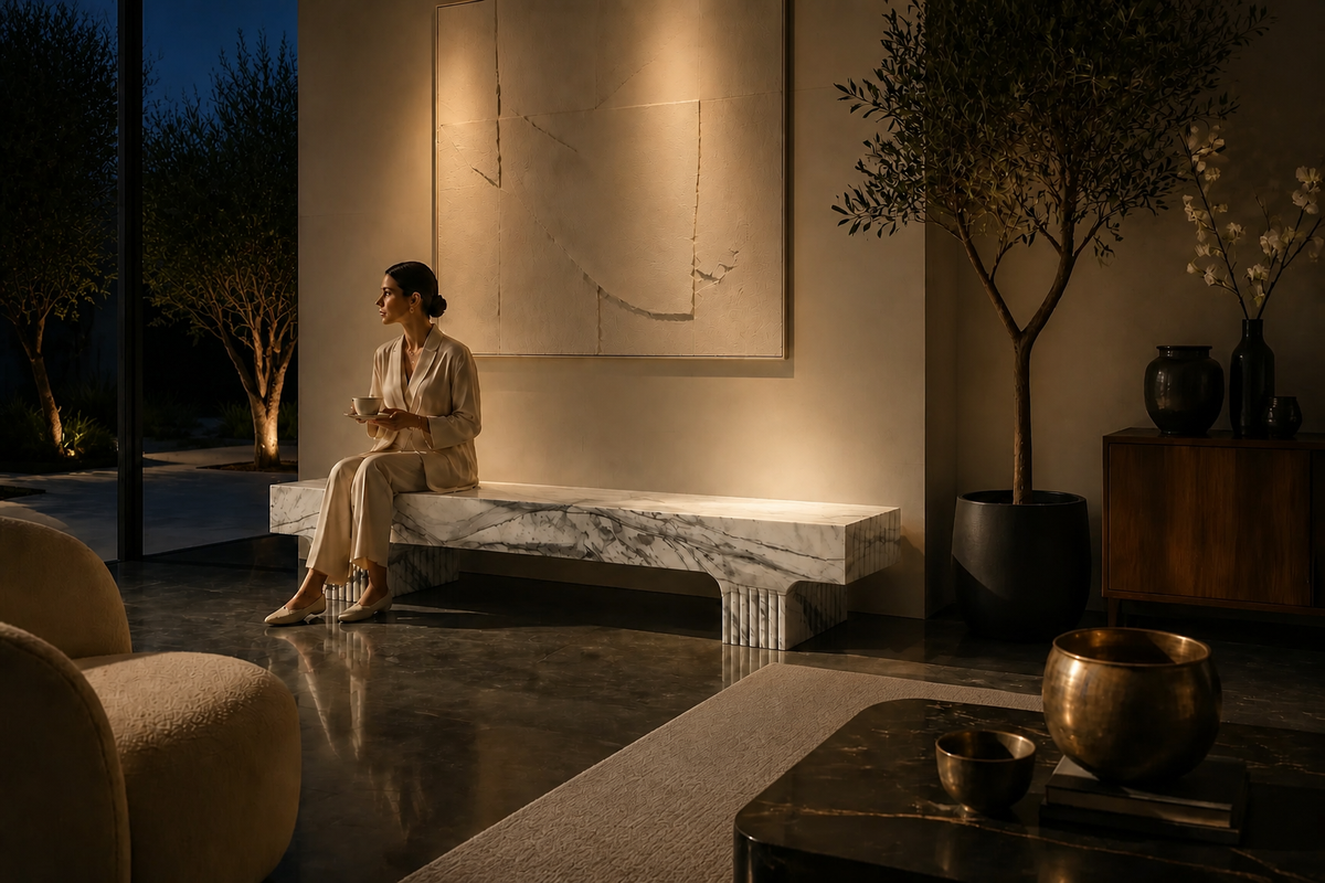 Calacatta Strata Marble Bench, in a room setting under evening light