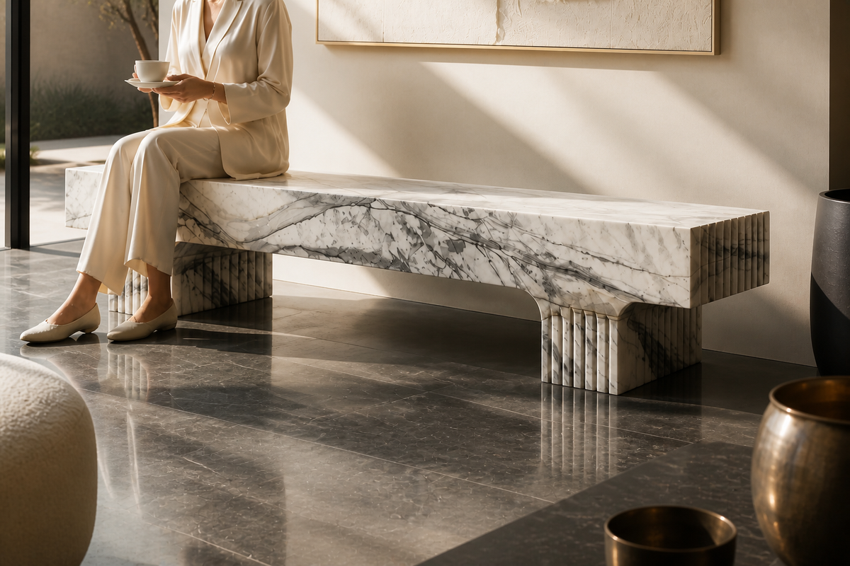 Calacatta Strata Marble Bench, close view of the form in its setting