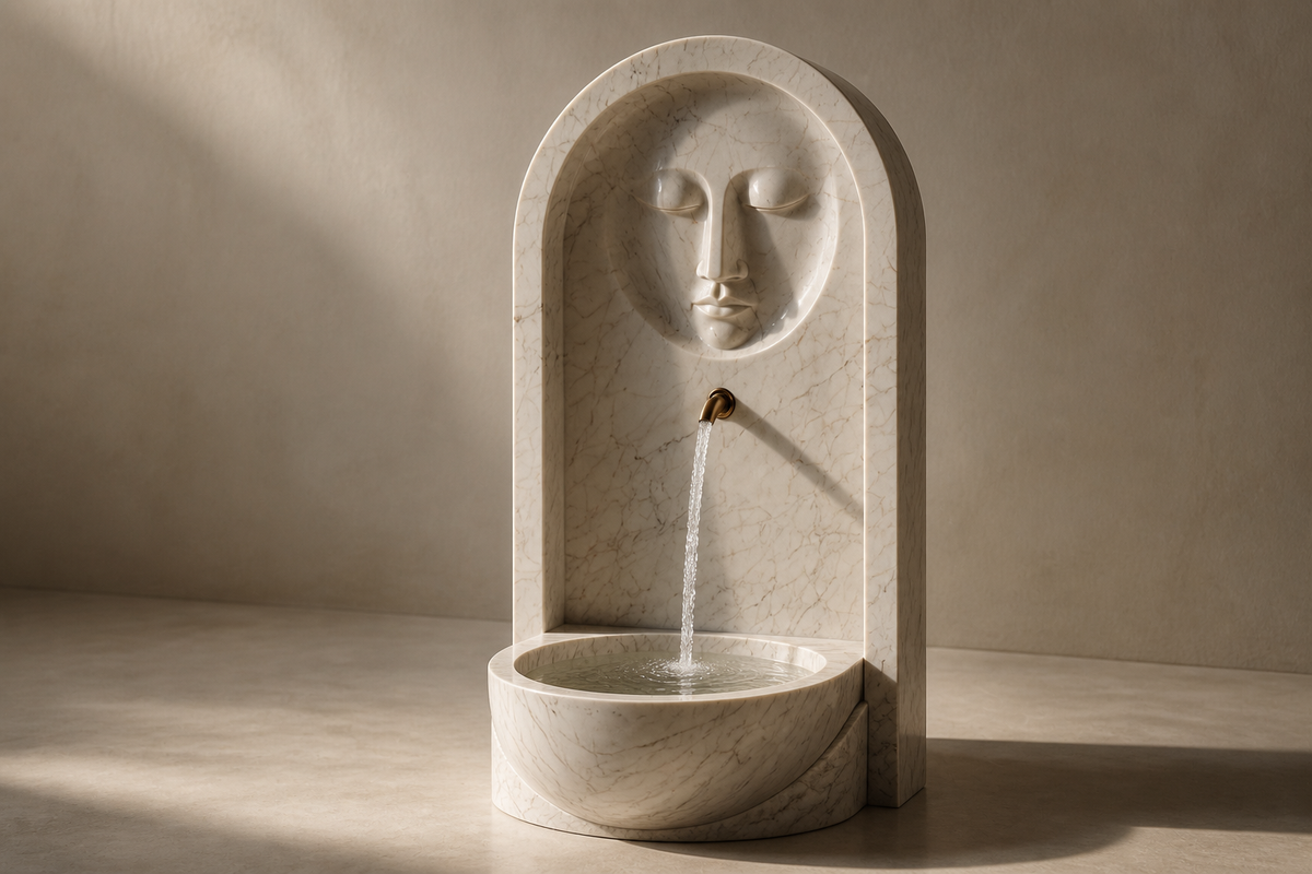 Caligo stone wall fountain, three-quarter studio view showing its profile and base