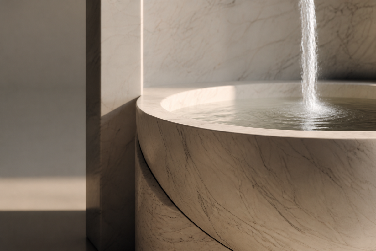Caligo stone wall fountain, close detail of the surface and edge