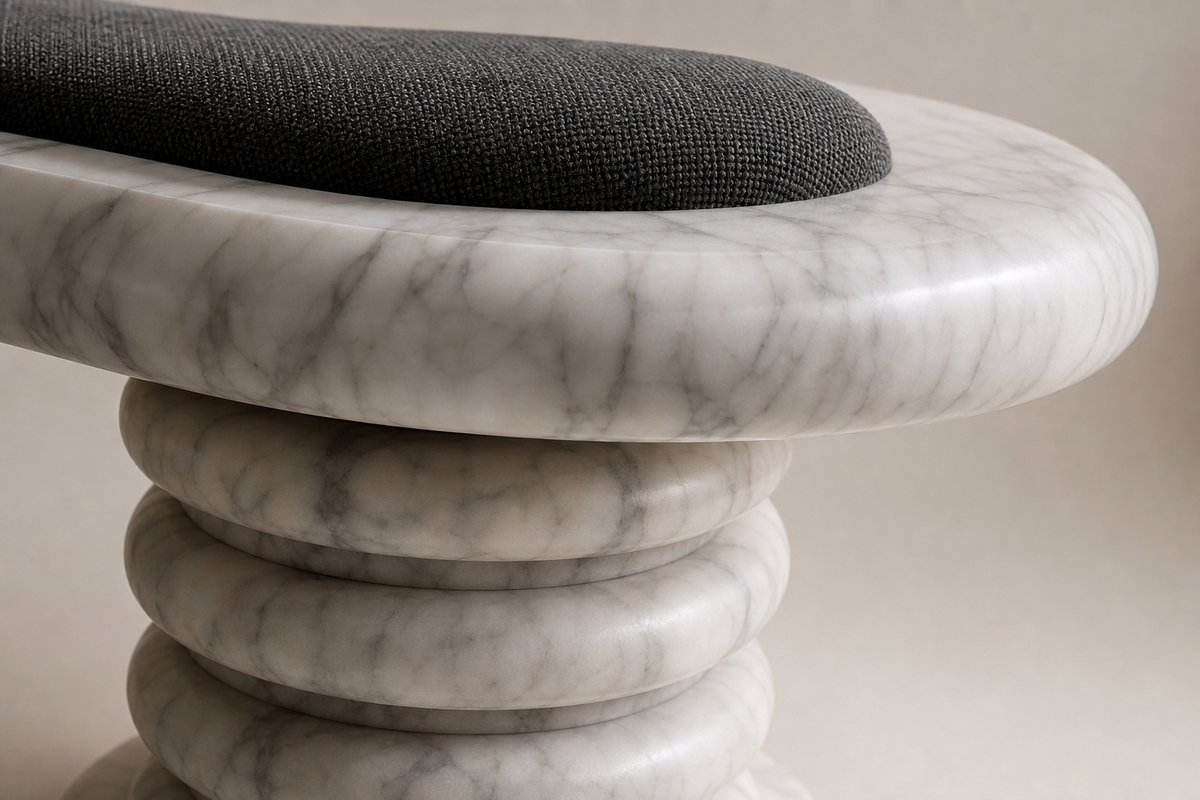 Calma stone sculptural bench, close studio detail of the surface and material