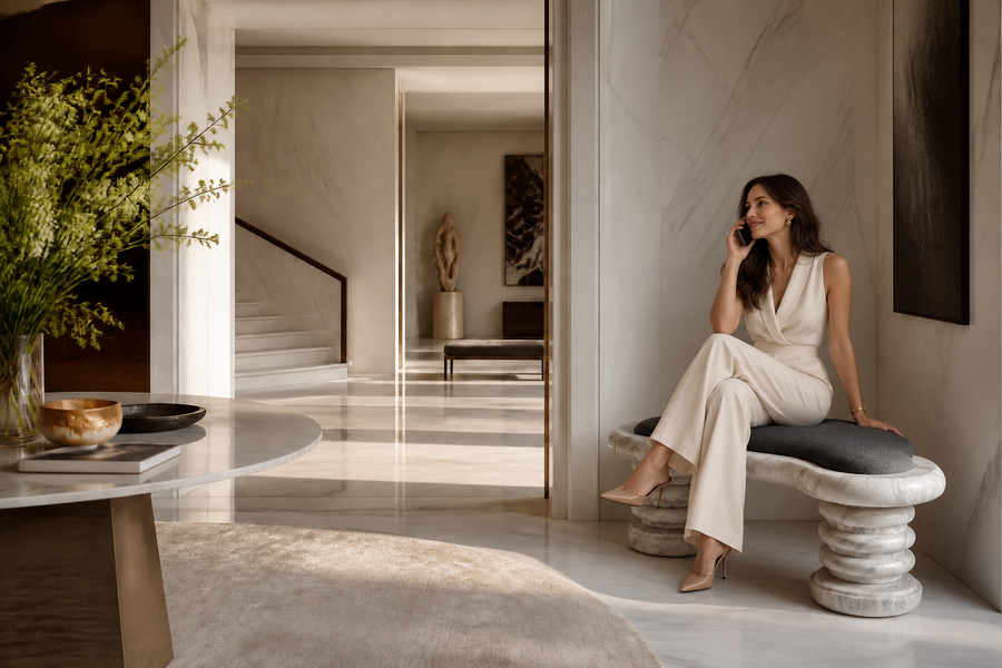 Calma stone sculptural bench, shown in a room setting, at full scale