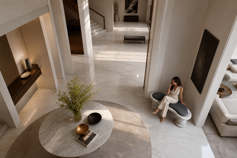 Calma stone sculptural bench, overhead view in a room setting