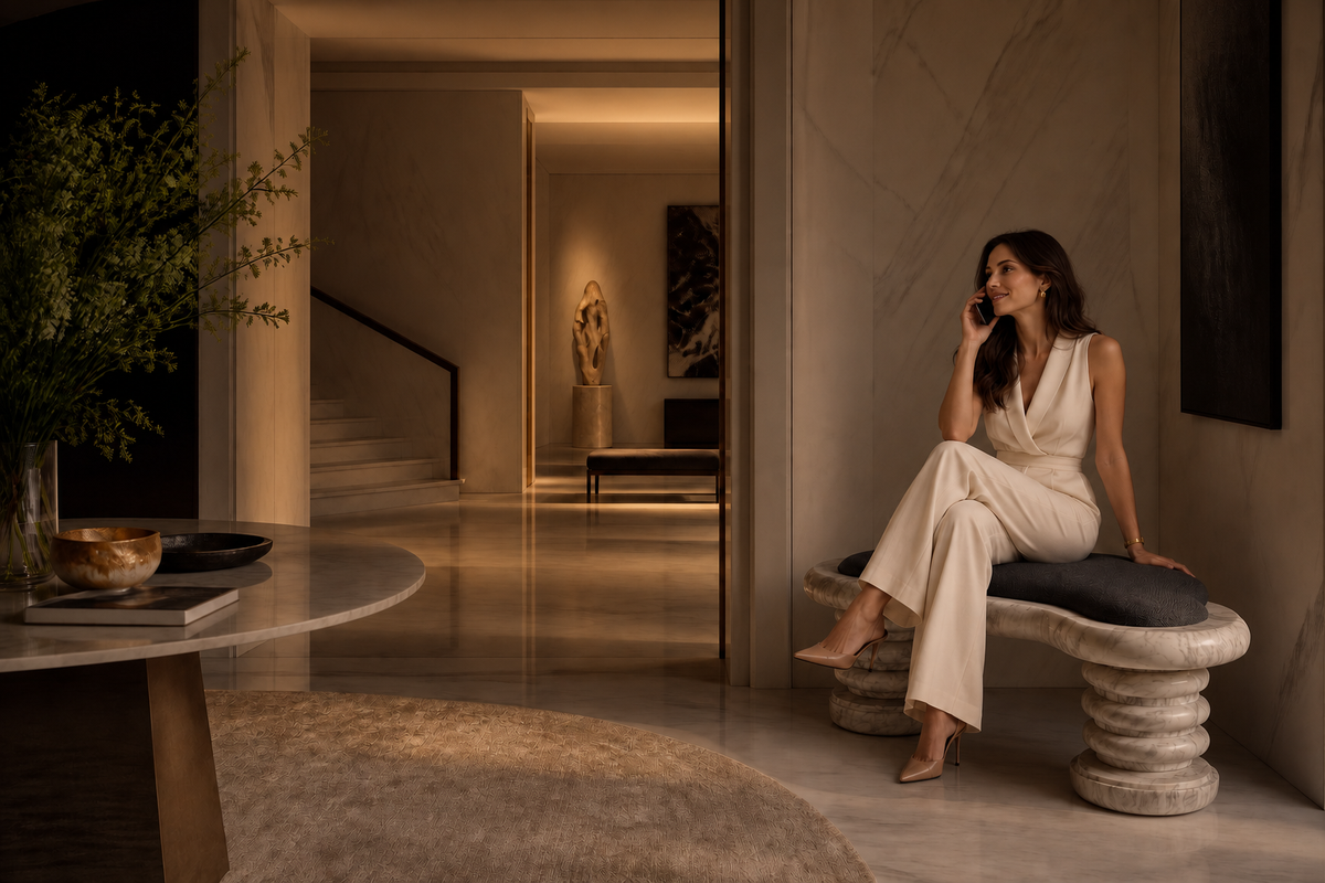 Calma stone sculptural bench, in a room setting under evening light