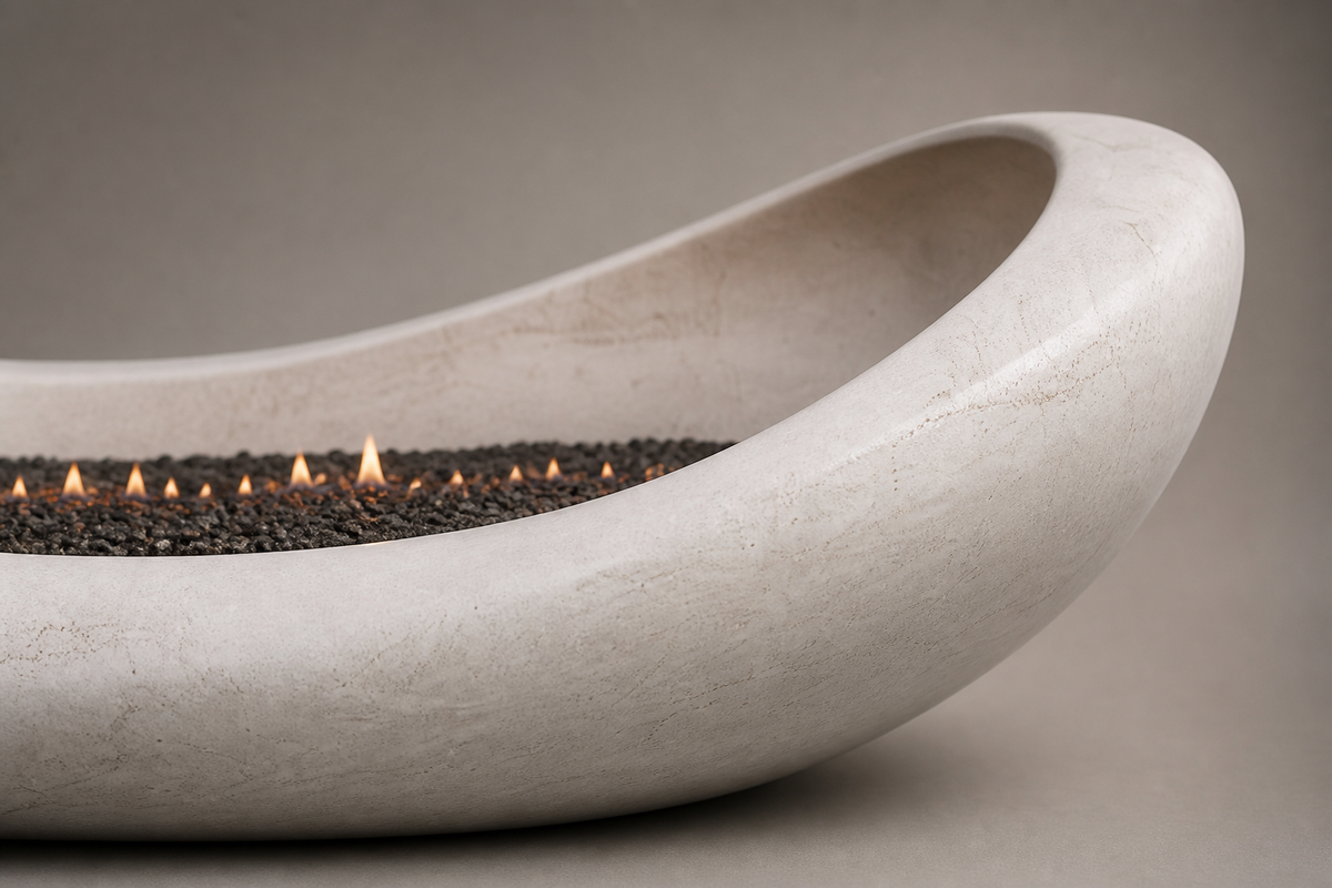 Candira marble fireplace, close studio detail of the surface and material