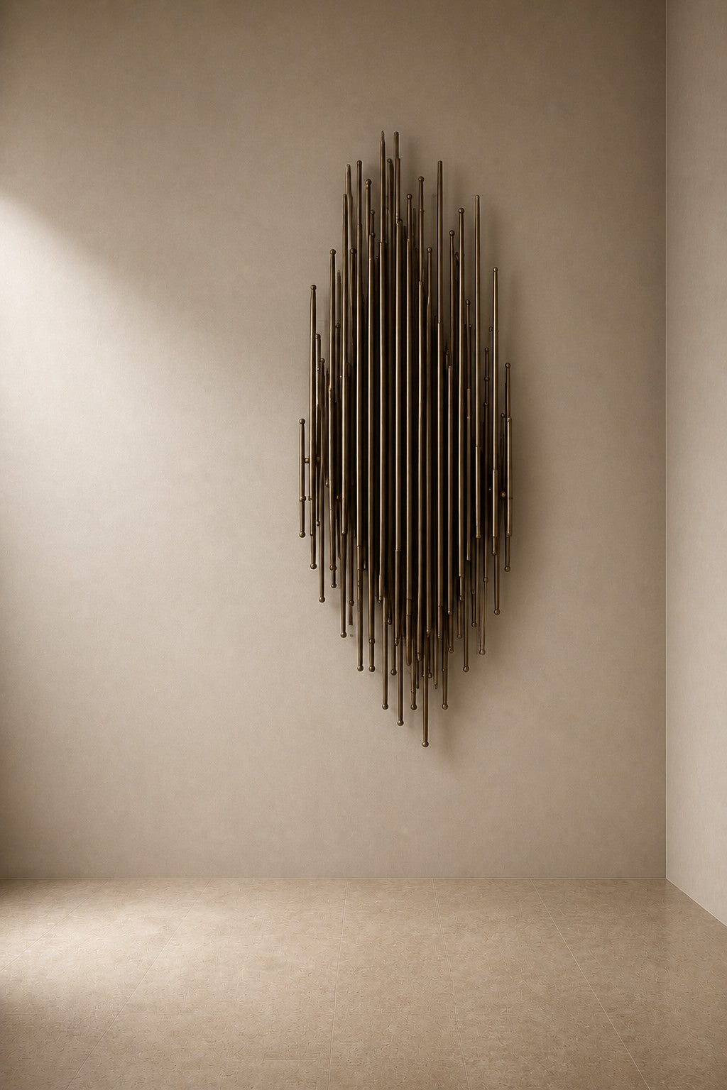 Canna — 80 × 150 cm vertical cluster of slender blackened bronze rods, three-quarter studio view showing its profile