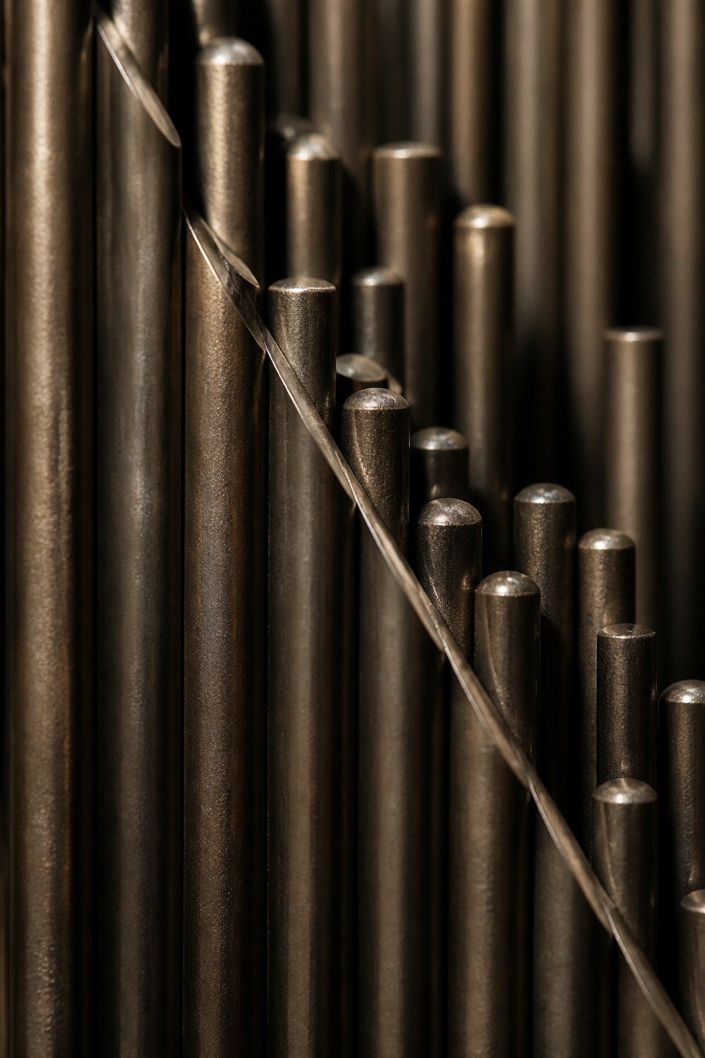 Canna — 80 × 150 cm vertical cluster of slender blackened bronze rods, close studio detail of the surface and material
