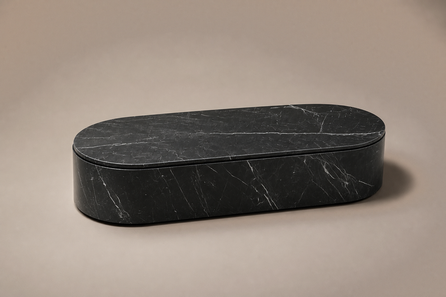 Capsule Base black marble plinth base by 1-OPH, three-quarter studio view