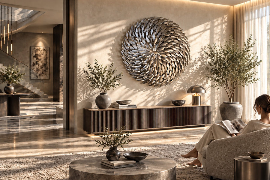Cardume — Ø 200 cm satin stainless steel shoal of fish wall sculpture, installed on the wall of a furnished room