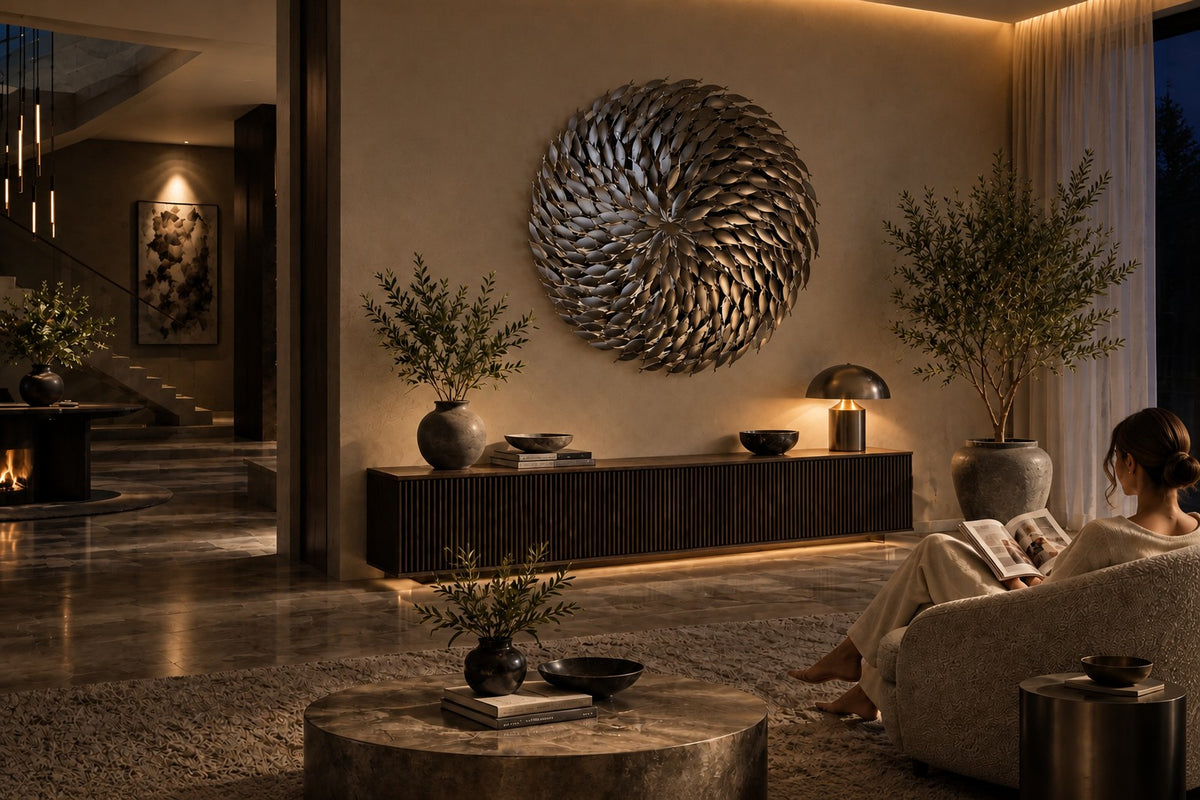 Cardume — Ø 200 cm satin stainless steel shoal of fish wall sculpture, the same room at night, lamps on