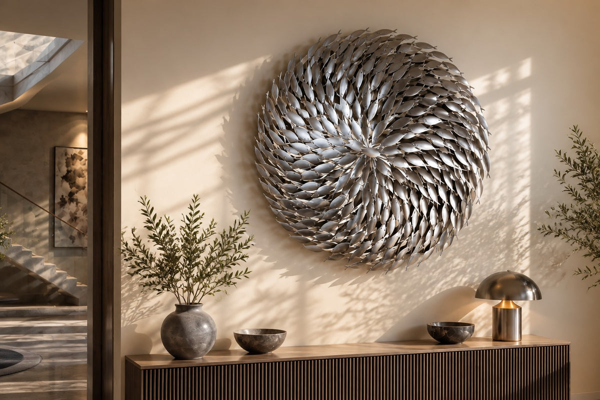 Cardume — Ø 200 cm satin stainless steel shoal of fish wall sculpture, close view on the wall