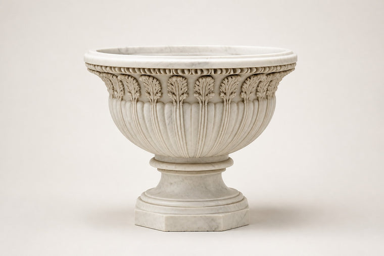 Carrara Acanthus Classical Marble Urn Planter — 90 cm white Carrara marble urn planter with a carved acanthus-leaf frieze on an octagonal plinth, studio view of the whole piece