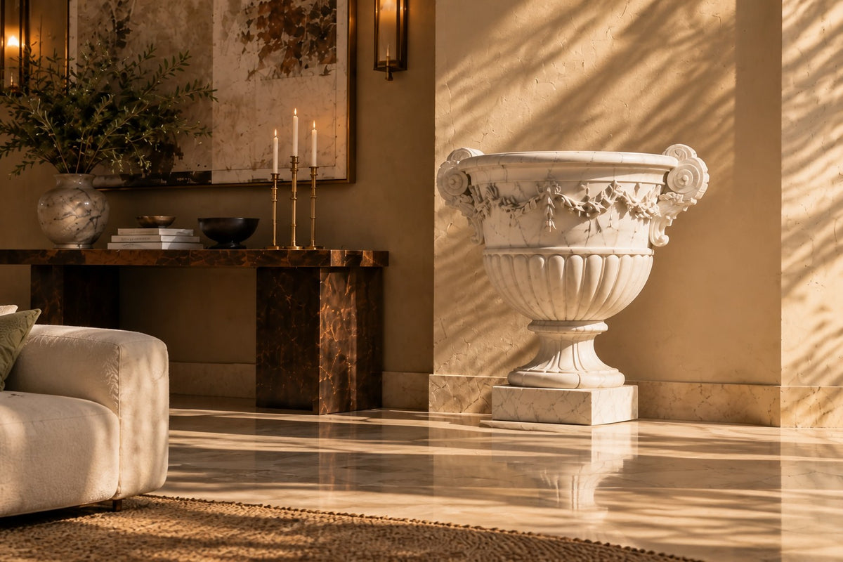 Carrara Floral Garland Marble Urn Planter — 95 cm white Carrara marble urn planter with a carved floral garland and two scroll handles, close view in the room