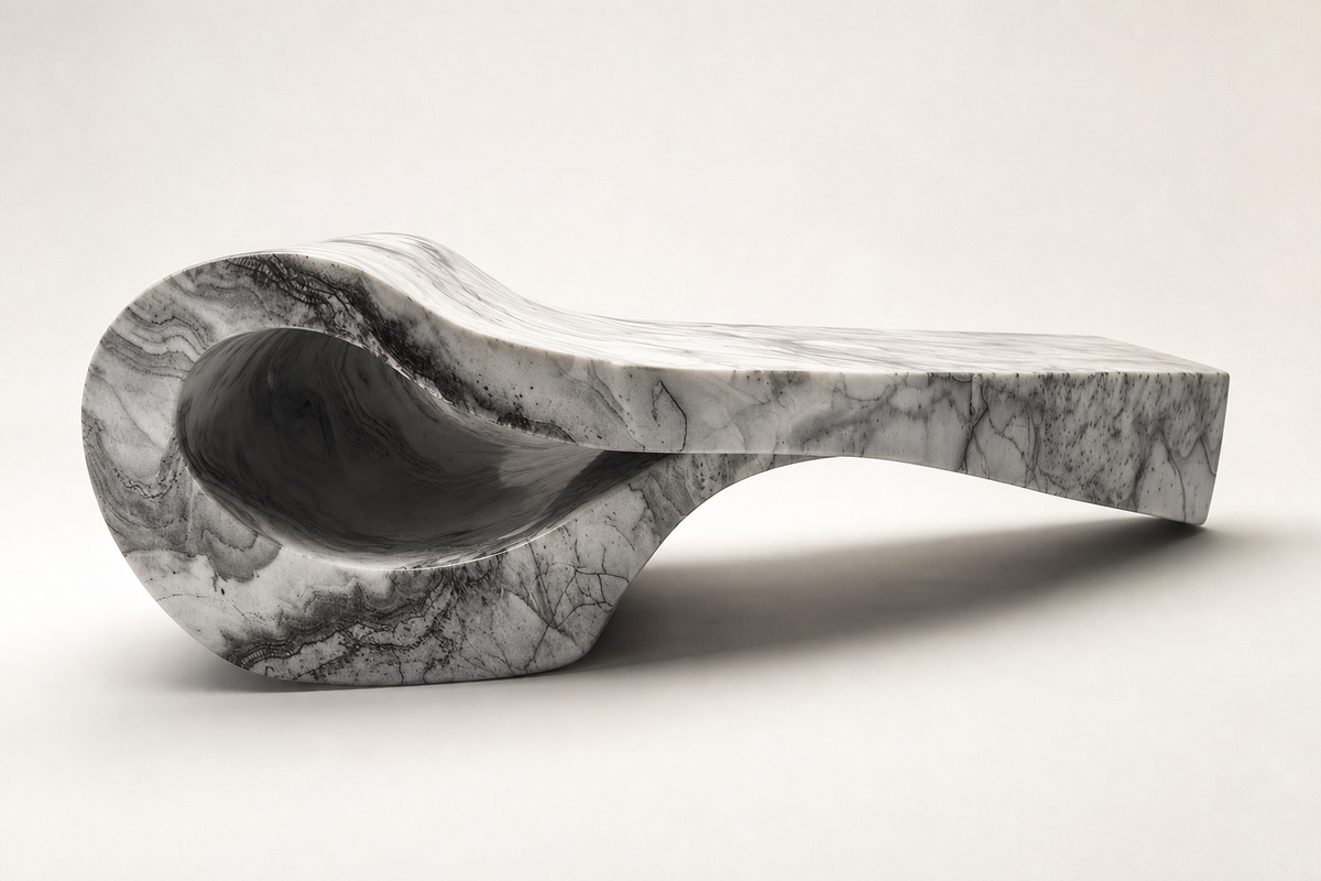 Carrara Flow Bench marble, three-quarter studio view showing its profile