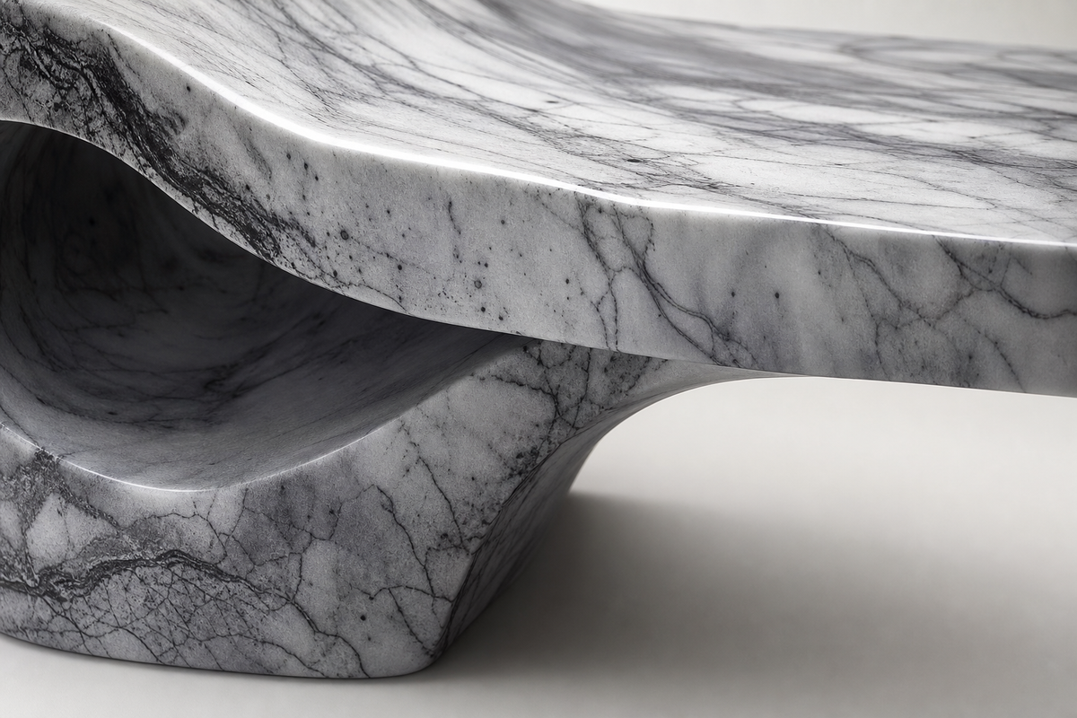 Carrara Flow Bench marble, close studio detail of the surface and material