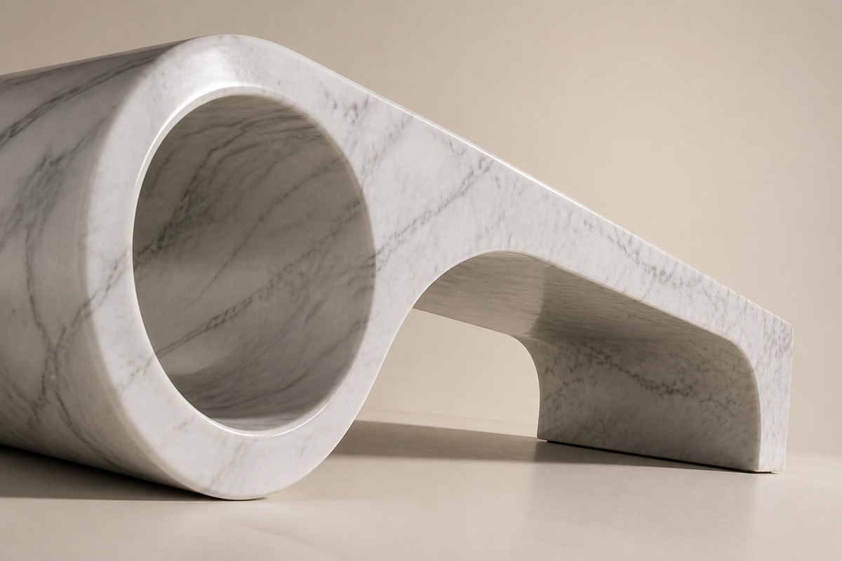Carrara Loop Bench, three-quarter studio view showing its profile