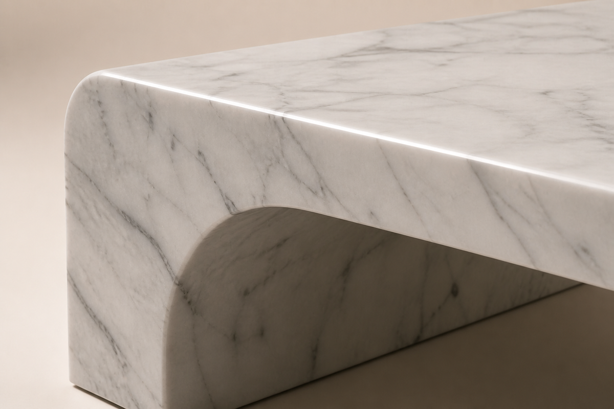 Carrara Loop Bench, close studio detail of the surface and material