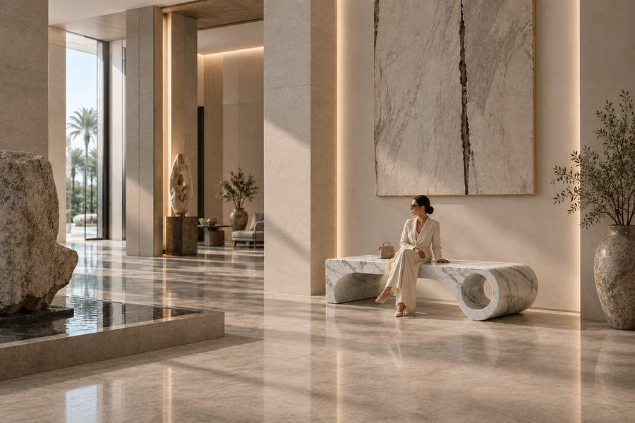 Carrara Loop Bench, shown in a room setting, at full scale