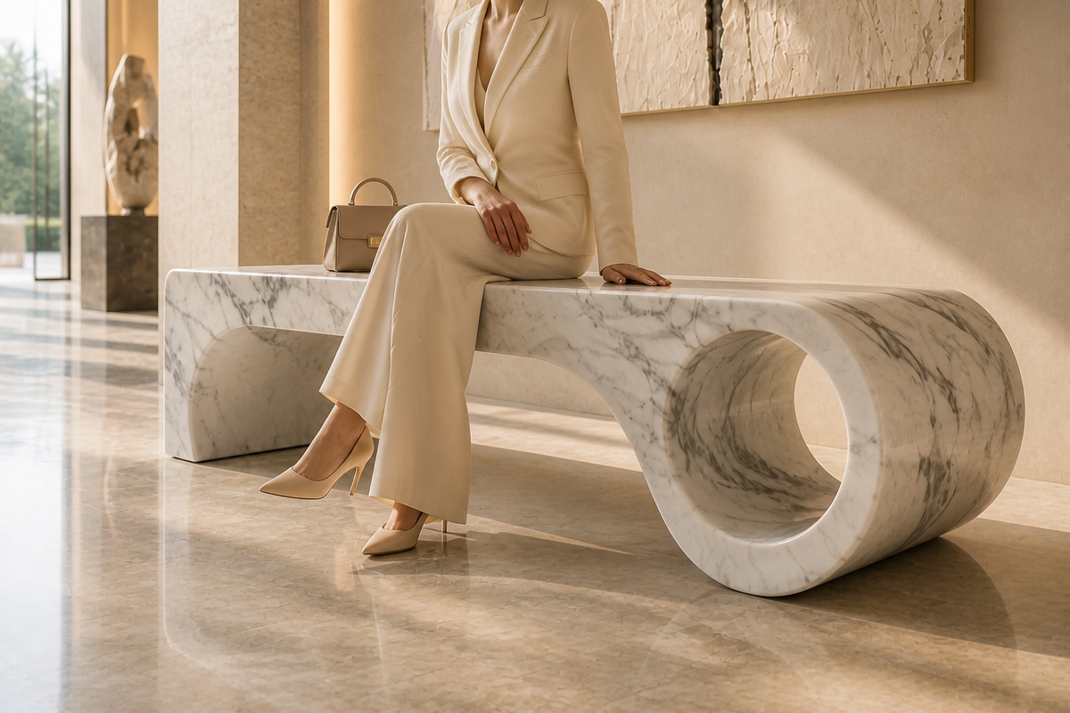 Carrara Loop Bench, close view of the form in its setting