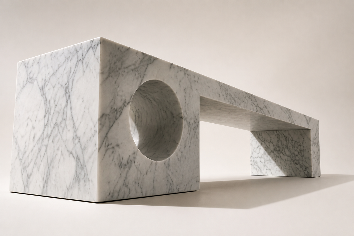 Carrara Void Bench, three-quarter studio view showing its profile