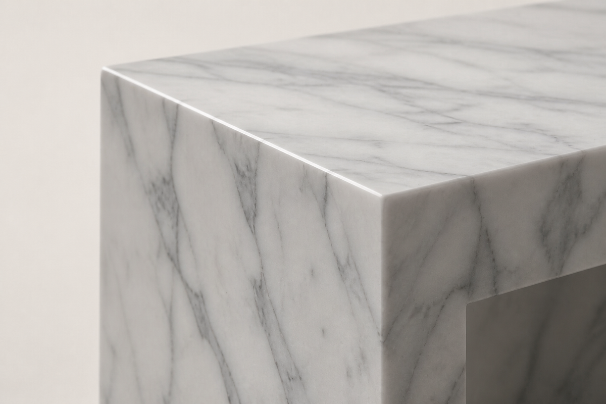 Carrara Void Bench, close studio detail of the surface and material