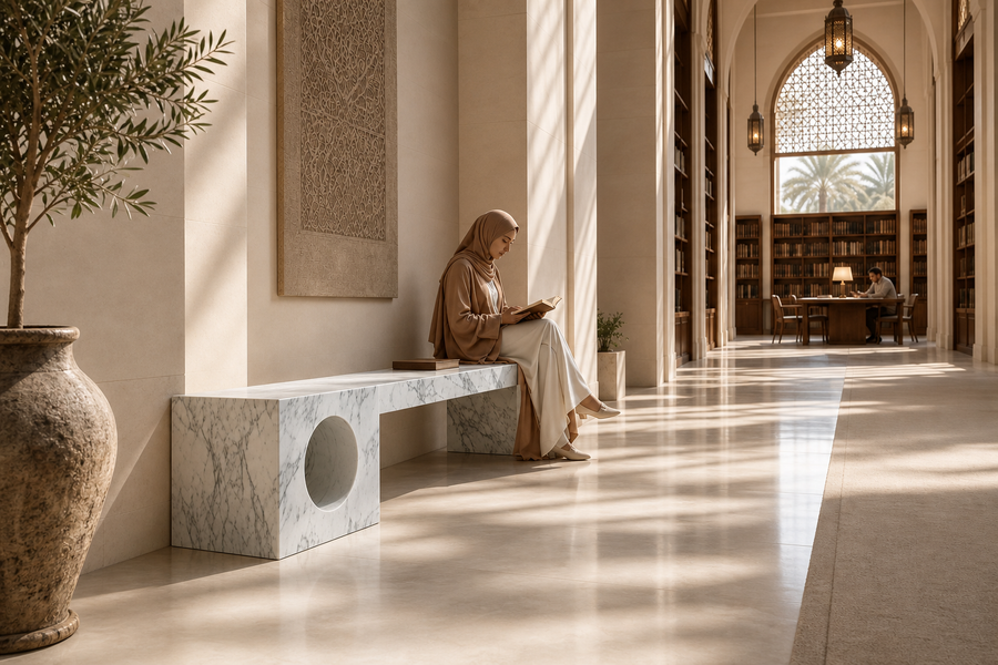 Carrara Void Bench, shown in a room setting, at full scale