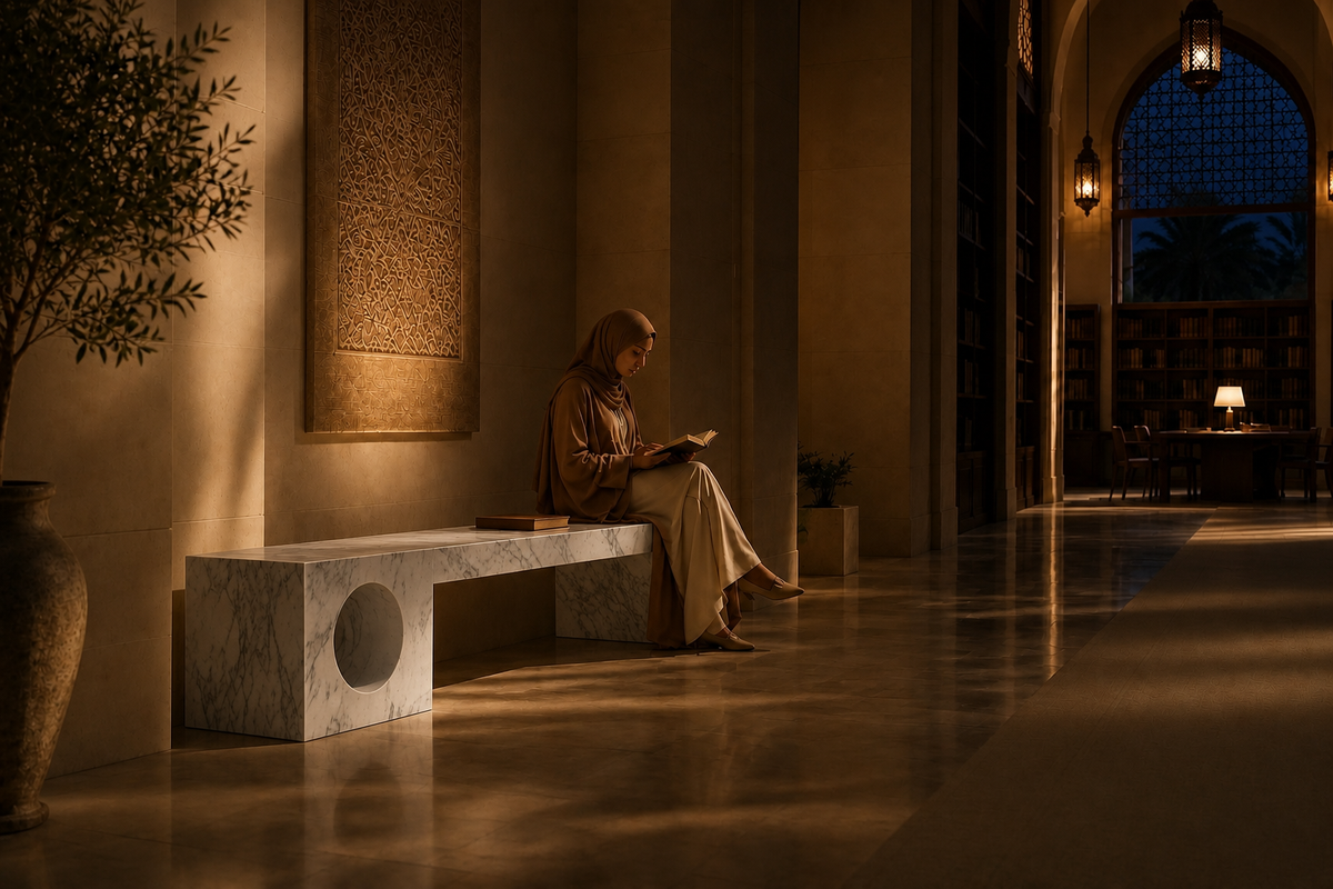 Carrara Void Bench, in a room setting under evening light