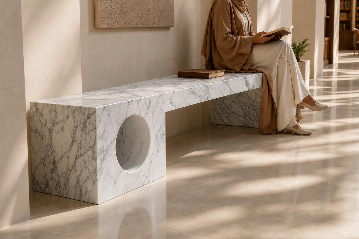 Carrara Void Bench, close view of the form in its setting