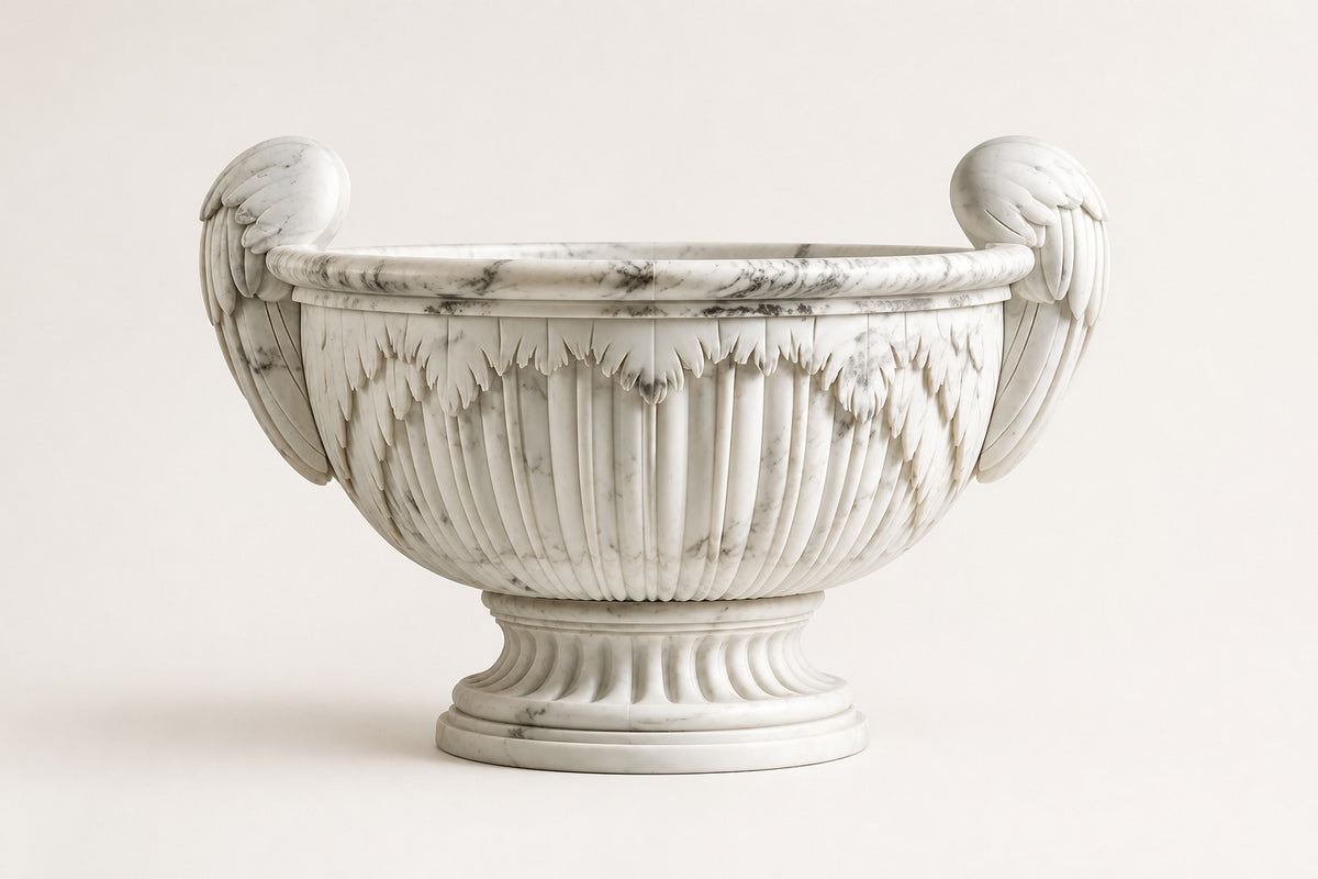 Carrara Winged Classical Marble Urn Planter — 92 cm white Carrara marble urn planter with a fluted bowl and two curling carved wing handles, studio view of the whole piece