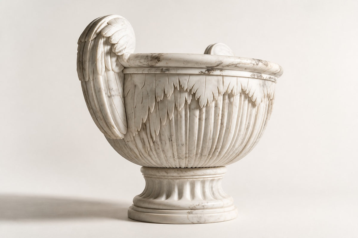 Carrara Winged Classical Marble Urn Planter — 92 cm white Carrara marble urn planter with a fluted bowl and two curling carved wing handles, three-quarter studio view showing its profile