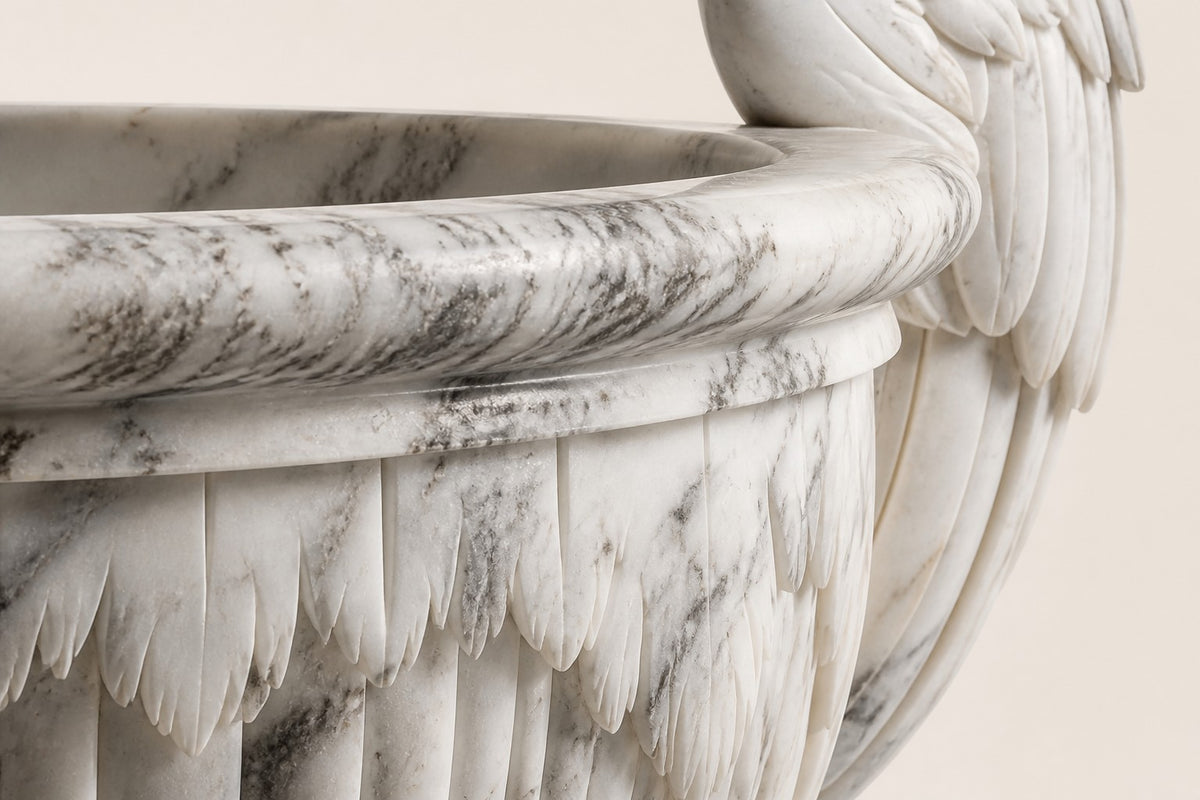 Carrara Winged Classical Marble Urn Planter — 92 cm white Carrara marble urn planter with a fluted bowl and two curling carved wing handles, close studio detail of the surface and material